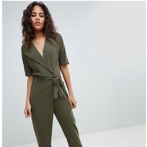 ASOS DESIGN Green Wrap Jumpsuit with Self Belt